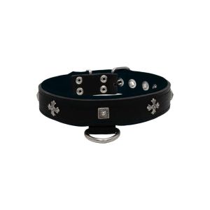 Medieval cross-shaped metal motifs and carved pyramids with leather inlay – KD01041/50/30/BK/01