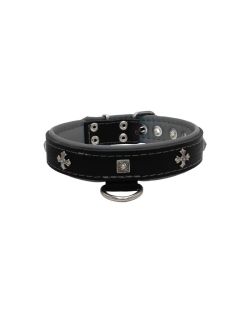 Medieval cross-shaped metal motifs and carved pyramids with leather inlay - KD01041/50/30/BK/12