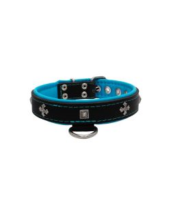 Medieval cross-shaped metal motifs and carved pyramids with leather inlay - KD01041/60/30/BK/14