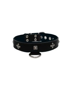 Medieval cross-shaped metal motifs and carved pyramids with leather inlay - KD01041/65/30/BK/01