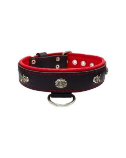 Pirate-themed motif with a skull, round rose-colored gem, and oval hammered stones with leather inlay - KD01054/65/40/BK/04