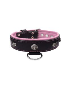 Motivo de pirata con calavera, gema redonda rosa y piedras ovaladas martilladas con incrustaciones de cuero - KD01054/65/40/BK/10