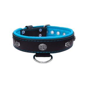 Pirate-themed motif with a skull, round rose-colored gem, and oval hammered stones with leather inlay – KD01054/65/40/BK/14