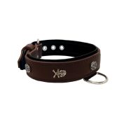 Pirate-themed motif with a skull, round rose-colored gem, and oval hammered stones with leather inlay – KD01054/65/40/BR/01