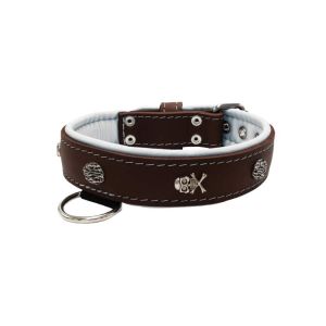 Pirate-themed motif with a skull, round rose-colored gem, and oval hammered stones with leather inlay – KD01054/65/40/BR/02