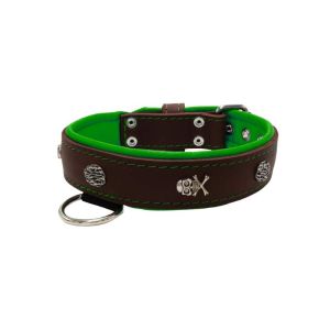 Pirate-themed motif with a skull, round rose-colored gem, and oval hammered stones with leather inlay – KD01054/65/40/BR/05