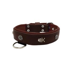 Pirate-themed motif with a skull, round rose-colored gem, and oval hammered stones with leather inlay – KD01054/65/40/BR/08