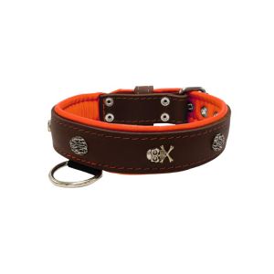 Pirate-themed motif with a skull, round rose-colored gem, and oval hammered stones with leather inlay – KD01054/65/40/BR/11
