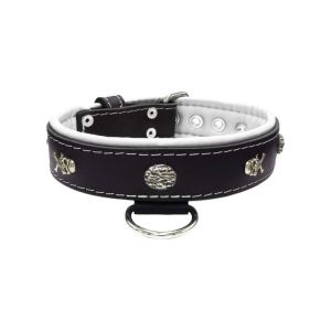 Pirate-themed motif with a skull, round rose-colored gem, and oval hammered stones with leather inlay – KD01054/70/40/BK/02