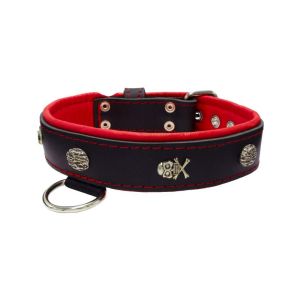 Pirate-themed motif with a skull, round rose-colored gem, and oval hammered stones with leather inlay – KD01054/70/40/BK/04