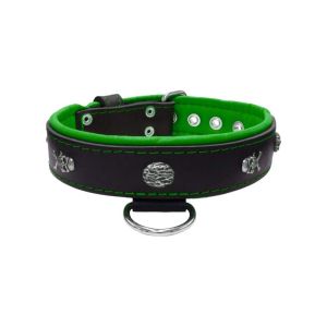 Pirate-themed motif with a skull, round rose-colored gem, and oval hammered stones with leather inlay – KD01054/70/40/BK/05