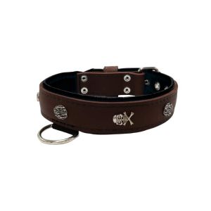 Pirate-themed motif with a skull, round rose-colored gem, and oval hammered stones with leather inlay – KD01054/70/40/BR/01