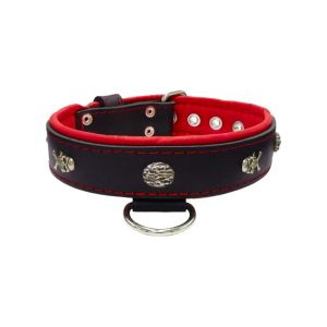 Pirate-themed motif with a skull, round rose-colored gem, and oval hammered stones with leather inlay – KD01054/75/40/BK/04