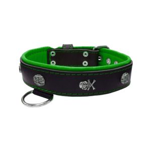 Pirate-themed motif with a skull, round rose-colored gem, and oval hammered stones with leather inlay – KD01054/75/40/BK/05