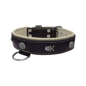 Pirate-themed motif with a skull, round rose-colored gem, and oval hammered stones with leather inlay – KD01054/75/40/BK/09