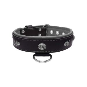 Pirate-themed motif with a skull, round rose-colored gem, and oval hammered stones with leather inlay – KD01054/75/40/BK/12