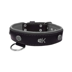 Pirate-themed motif with a skull, round rose-colored gem, and oval hammered stones with leather inlay – KD01054/75/40/BK/12