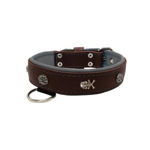 Pirate-themed motif with a skull, round rose-colored gem, and oval hammered stones with leather inlay – KD01054/75/40/BR/12