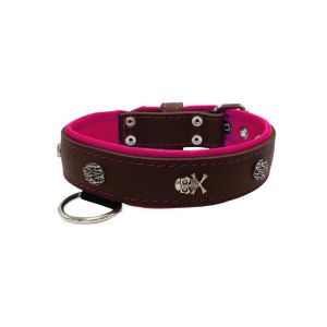 Pirate-themed motif with a skull, round rose-colored gem, and oval hammered stones with leather inlay – KD01054/75/40/BR/13