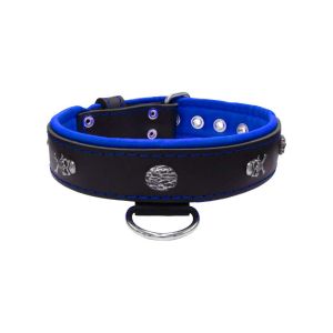 Pirate-themed motif with a skull, round rose-colored gem, and oval hammered stones with leather inlay – KD01054/80/40/BK/03