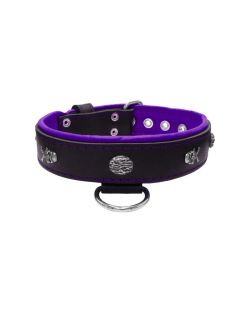 Pirate-themed motif with a skull, round rose-colored gem, and oval hammered stones with leather inlay - KD01054/80/40/BK/07