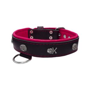 Pirate-themed motif with a skull, round rose-colored gem, and oval hammered stones with leather inlay – KD01054/80/40/BK/13