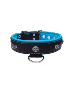 Pirate-themed motif with a skull, round rose-colored gem, and oval hammered stones with leather inlay - KD01054/80/40/BK/14