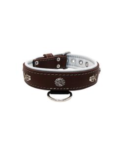 Pirate-themed motif with a skull, round rose-colored gem, and oval hammered stones with leather inlay - KD01054/80/40/BR/02
