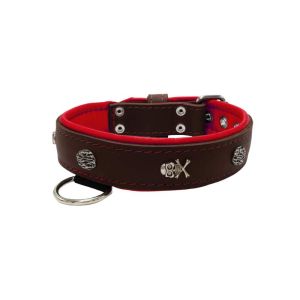 Pirate-themed motif with a skull, round rose-colored gem, and oval hammered stones with leather inlay – KD01054/80/40/BR/04