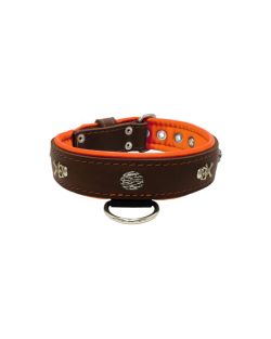 Pirate-themed motif with a skull, round rose-colored gem, and oval hammered stones with leather inlay - KD01054/80/40/BR/11