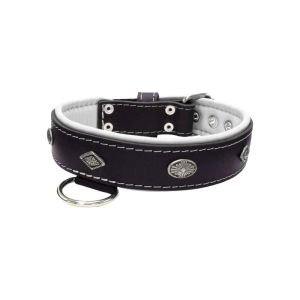Carved diamond-shaped motif and oval carved flower with leather inlay – KD01055/65/40/BK/02