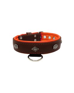 Carved diamond-shaped motif and oval carved flower with leather inlay - KD01055/65/40/BR/11