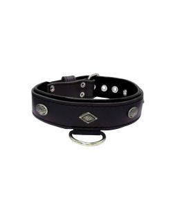 Carved diamond-shaped motif and oval carved flower with leather inlay - KD01055/70/40/BK/01