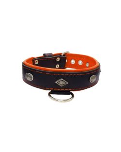 Carved diamond-shaped motif and oval carved flower with leather inlay - KD01055/70/40/BK/11