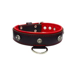 Oval carved shield motif with 2 rhinestones and round rose-colored gem with leather inlay – KD01056/65/40/BK/04
