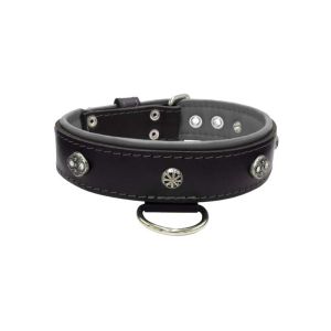 Oval carved shield motif with 2 rhinestones and round rose-colored gem with leather inlay – KD01056/65/40/BK/12