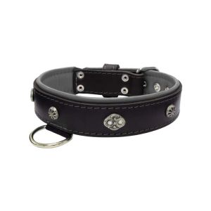 Oval carved shield motif with 2 rhinestones and round rose-colored gem with leather inlay – KD01056/65/40/BK/12