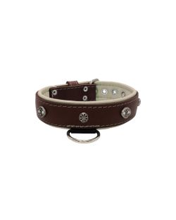 Oval carved shield motif with 2 rhinestones and round rose-colored gem with leather inlay - KD01056/65/40/BR/09