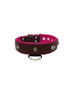 Oval carved shield motif with 2 rhinestones and round rose-colored gem with leather inlay - KD01056/65/40/BR/13