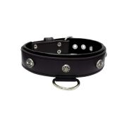Oval carved shield motif with 2 rhinestones and round rose-colored gem with leather inlay – KD01056/70/40/BK/01