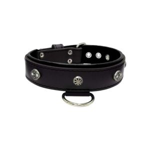 Oval carved shield motif with 2 rhinestones and round rose-colored gem with leather inlay – KD01056/70/40/BK/01
