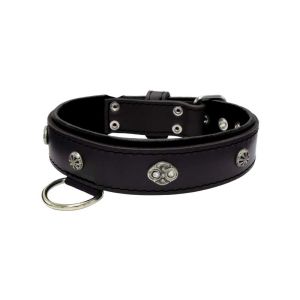 Oval carved shield motif with 2 rhinestones and round rose-colored gem with leather inlay – KD01056/70/40/BK/01