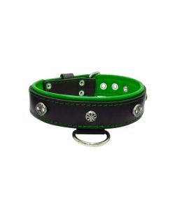Oval carved shield motif with 2 rhinestones and round rose-colored gem with leather inlay - KD01056/70/40/BK/05
