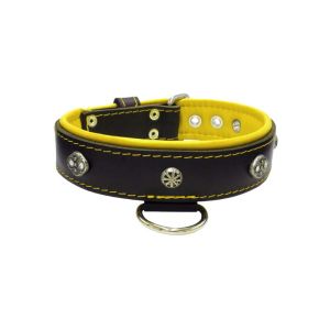 Oval carved shield motif with 2 rhinestones and round rose-colored gem with leather inlay – KD01056/70/40/BK/06