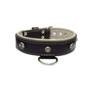Oval carved shield motif with 2 rhinestones and round rose-colored gem with leather inlay – KD01056/70/40/BK/09