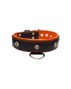 Oval carved shield motif with 2 rhinestones and round rose-colored gem with leather inlay - KD01056/70/40/BK/11