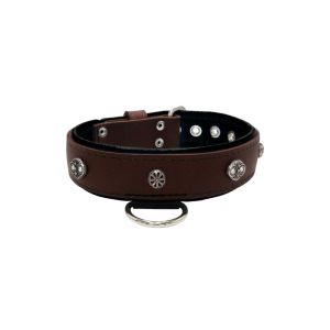 Oval carved shield motif with 2 rhinestones and round rose-colored gem with leather inlay – KD01056/70/40/BR/01