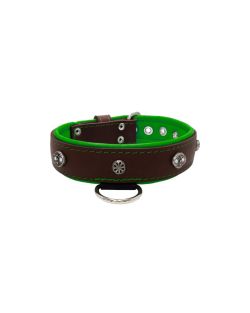 Oval carved shield motif with 2 rhinestones and round rose-colored gem with leather inlay - KD01056/70/40/BR/05