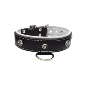 Oval carved shield motif with 2 rhinestones and round rose-colored gem with leather inlay – KD01056/75/40/BK/02