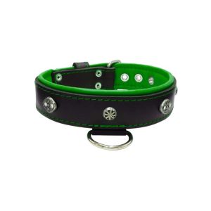 Oval carved shield motif with 2 rhinestones and round rose-colored gem with leather inlay – KD01056/75/40/BK/05